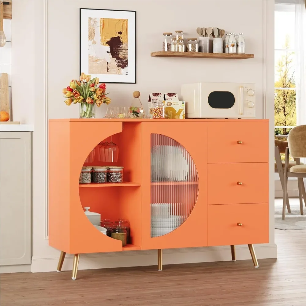 

Coffee Bar Cabinet with Fluted Glass Door, Modern Cream Style Buffet Sideboard with Wine Glass Rack, Chest of Drawer Buffet Cabi