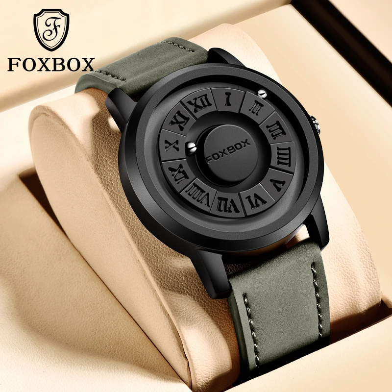 FOXBOX-Relógio masculino com pulseira de couro criativo, contas de rolagem, relógios de quartzo para homens, força magnética, relógio impermeável,