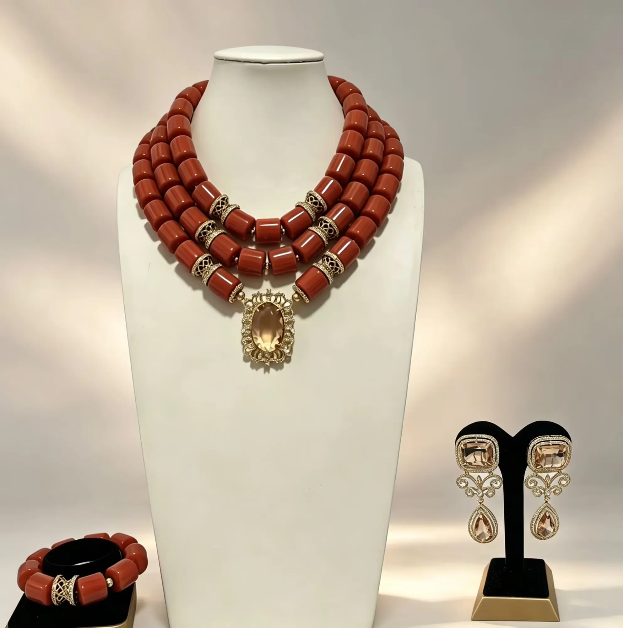 3Pcs Coral Beads Jewelry Set Nigerian Wedding Bridal Gold Plated African Jewelry for Black Women