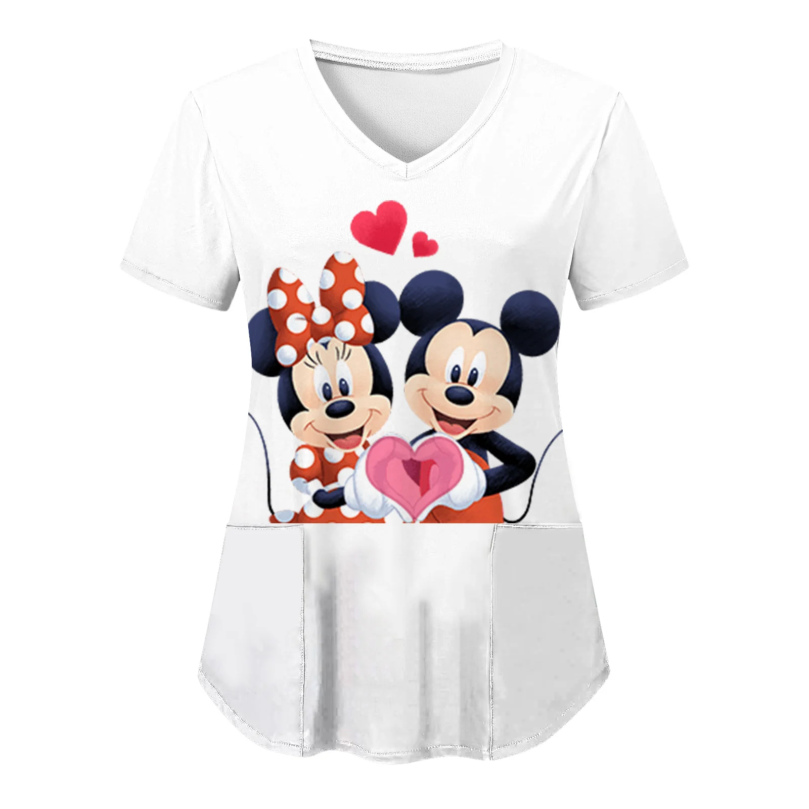 T-shirt à col en V pour femme, uniforme d'infirmière, haut Disney, vêtements Minnie Mouse, t-shirts à poche, hôpital, 2024