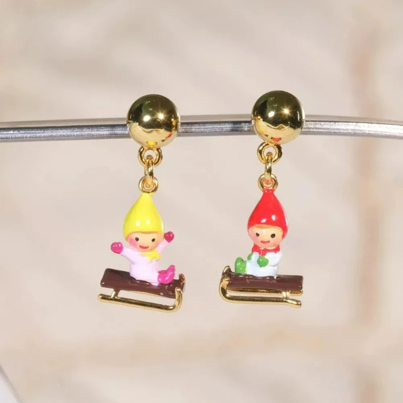 French Hand-enameled Dwarf Cute Baby Sleigh AB Tassel Dissymmetry Stud Earrings, Ear Clip, Bracelet, Ring, Necklace for Women