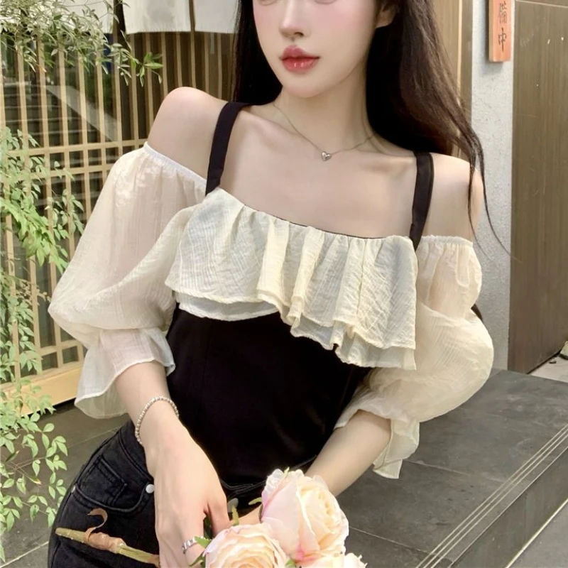 Cropped Blouses Women Ruffles Chic Sweet Vintage French Style Short-sleeve Aesthetic Halter Hot Summer Leisure Fashion Patchwork