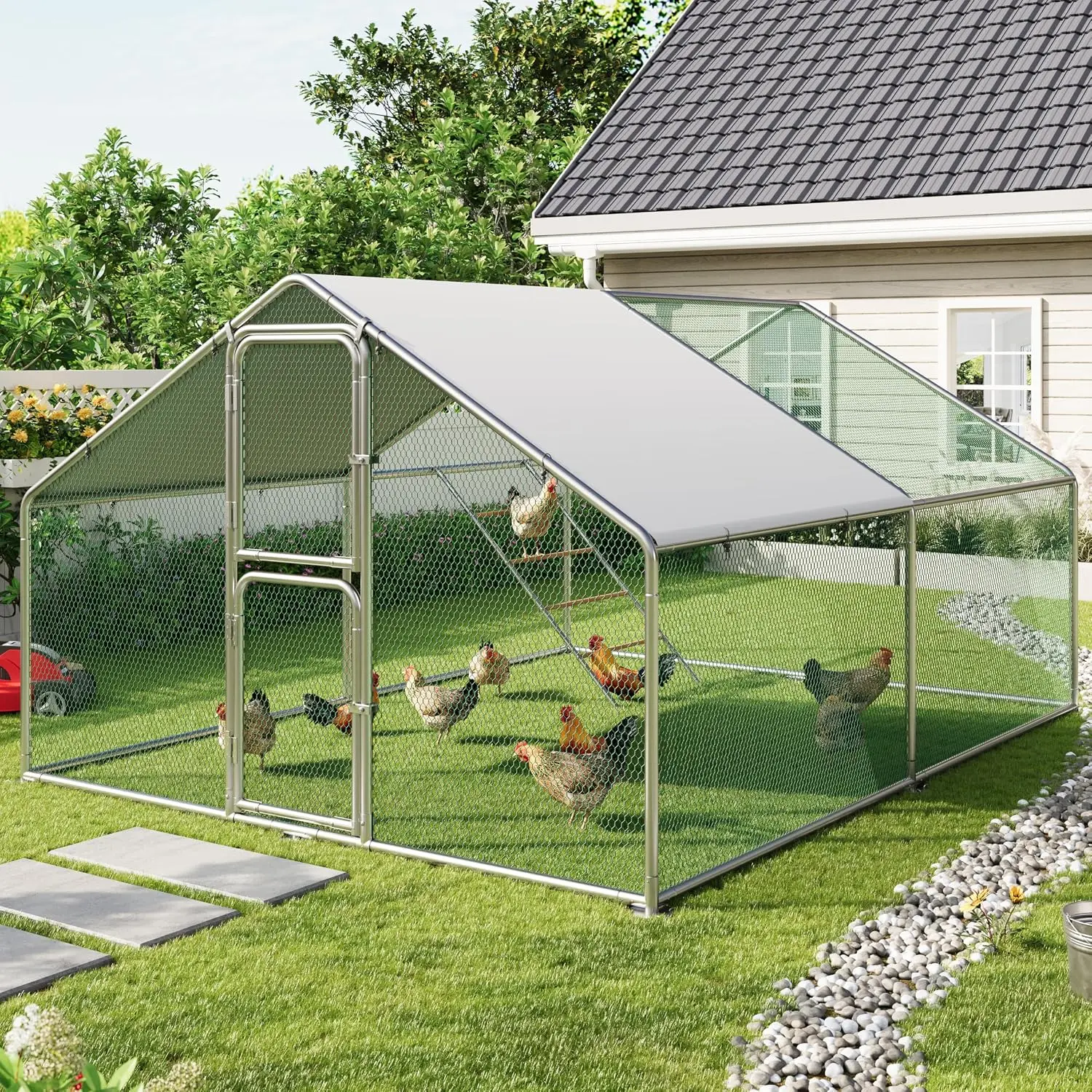 Large Chicken Coop for 20 Chickens, Walk-in Run with Cover, Outdoor Metal Portable Cage for Small Animals Bird Duck Rabbit Hen,