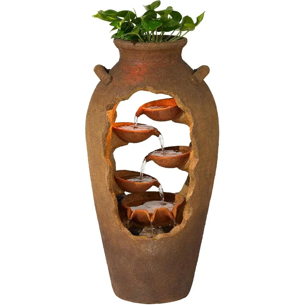 33 High Large Rustic Outdoor Decor Stone Floor Mountain with Light LED Urn Planter Waterfall Standing Water Feature for Outside