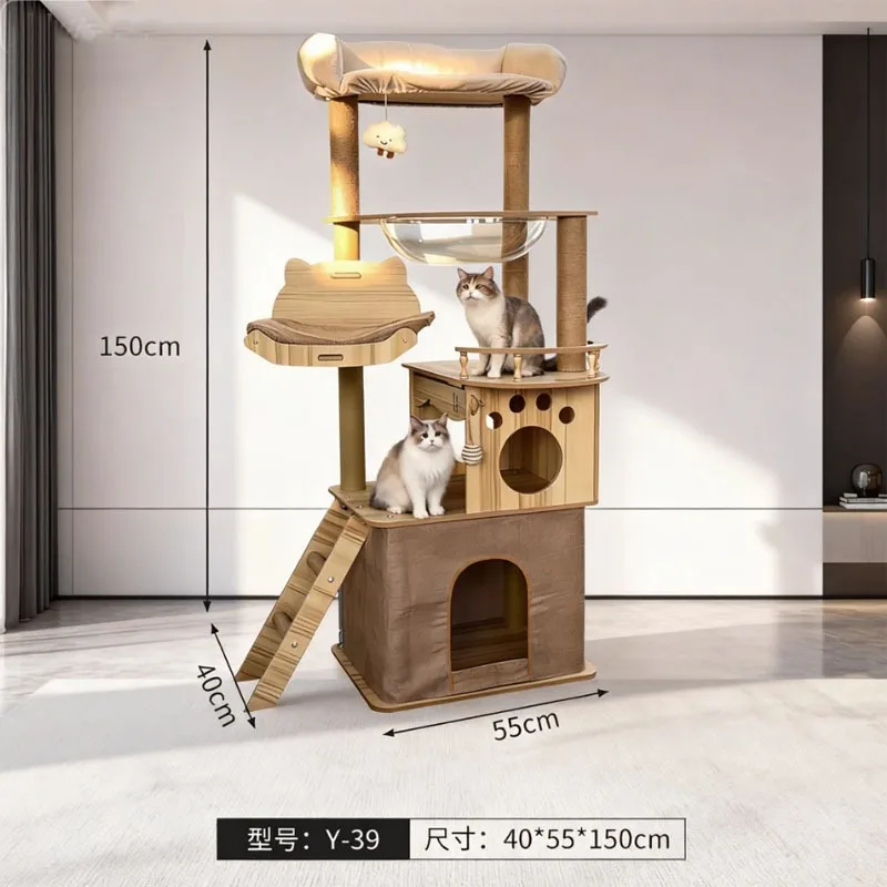 Cat Tree MDF Large Multilevel Cat Condo with Viewing Platform, Scratch-Resistant, Anti-Tip Base, Easy Assembly for Indoor Cats