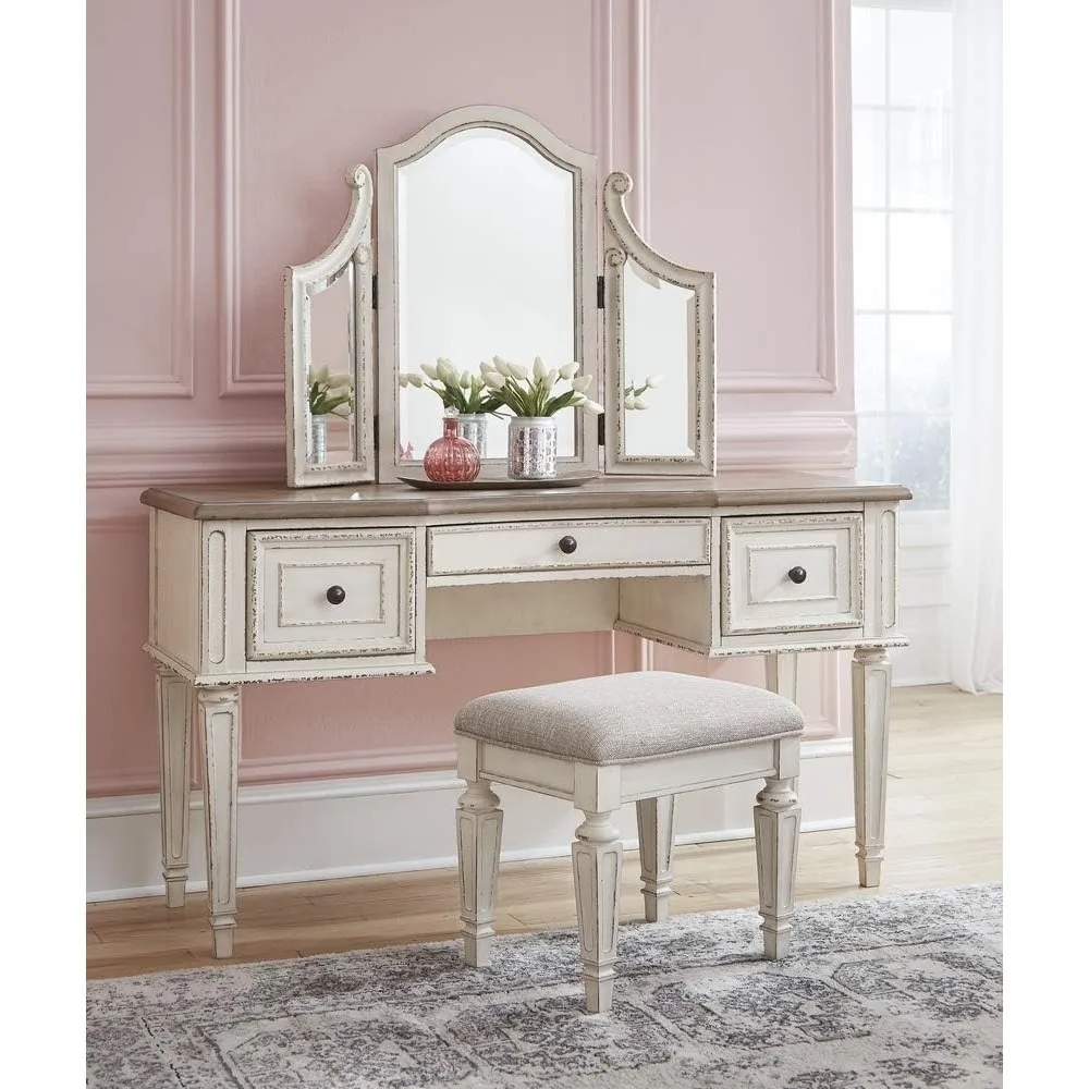 Chipped White Makeup Vanity Desk Set Traditional Cottage 3 Drawer Vanity Set With Dovetail Construction Mirror & Stool Included