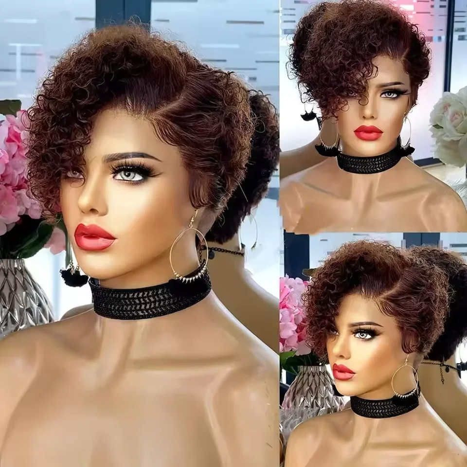 

Brown Color Short Curly Wig Pixie Cut Human Hair For Women Lace Front Wig Peruvian Deep Wave Lace Wig Natural Hairline