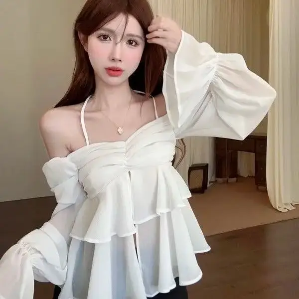 

French Ruffled Off-Shoulder Puff Sleeve Chiffon Shirt 2025 Spring New Sweet Strap Waist Short Top Women