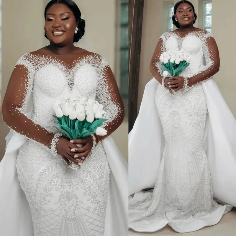 Customized Plus Size African Wedding Dress Bridal Gowns For Bride Mermaid Sheer Neck Detachable Train Lace Pearls Tiered Pleat