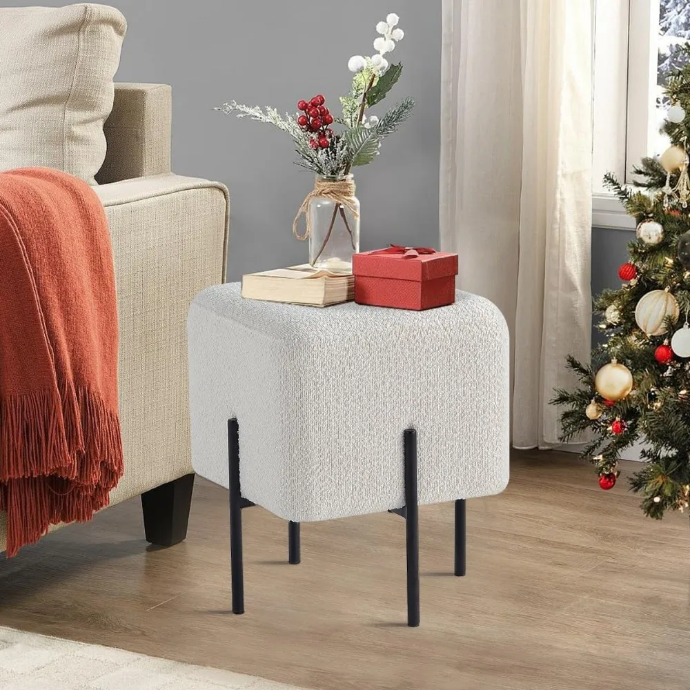 Ottoman Stool Vanity  Chair with Metal Legs Sofa Side Foot Rest Ottoman Footstool for Living Room,Bedroom,Office,Cream Boucle