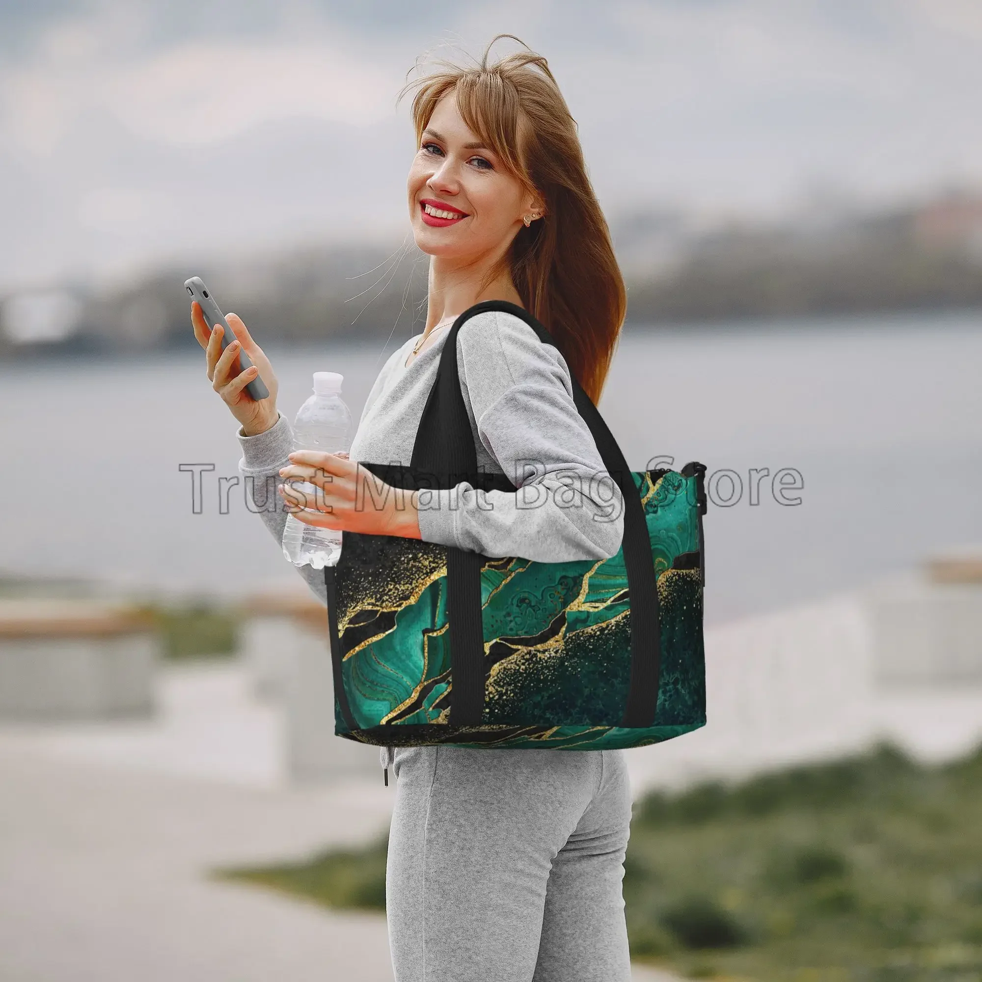 Green Gold Marble Travel Duffel Bags Workout Casual Luggage Bag Unisex Portable Waterproof Tote Bags Weekender Overnight Handbag