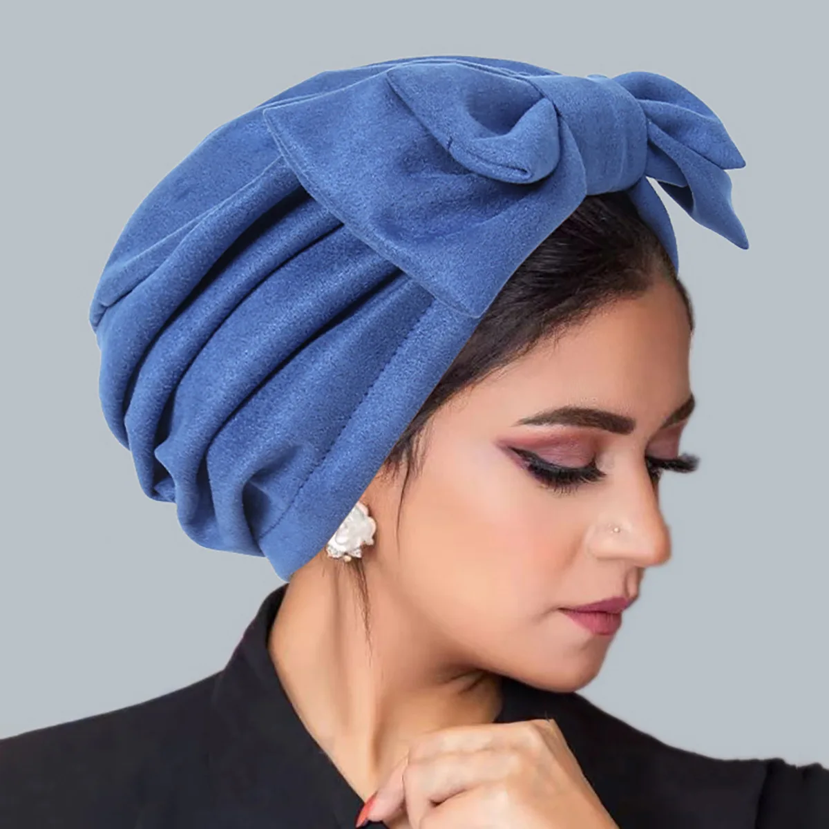 New Women's Solid Color Suede Hijab Muslim Detachable Bowknot Decor Turban Bonnet Head Wrap Head Scarf Indian Hats Islamic Mujer