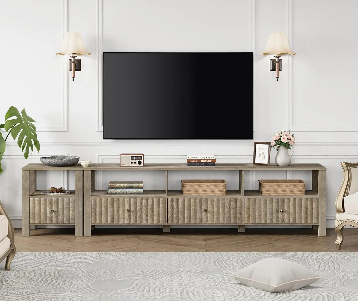 Suporte de TV moderno para TVs de até 85 polegadas, centro de entretenimento cinza vintage para mesa de console de TV de 55/65/75/85 polegadas