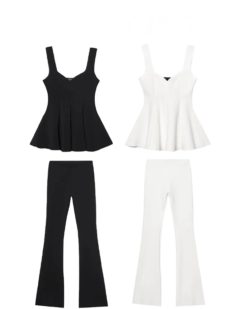 

HH Women Casual Pants Suit Chic Hem Folds Solid Sleeveless Slim Wide Shoulder Strap Top+High Waist Elasticity Flare Trousers