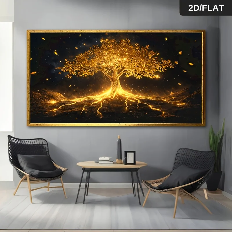 

Frameless Modern Abstract Golden Tree of Life Canvas Art Vibrant Wall Decor Elegant Home Decoration Wall Art, Canvas 2D Flat