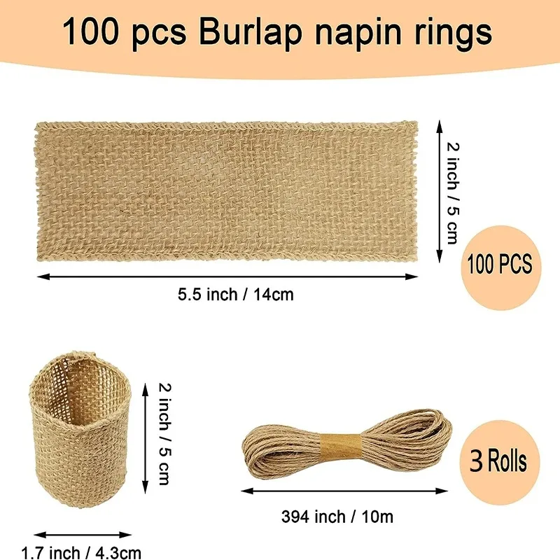 100pcs Natural Burlap Napkin Ring with Jute Rope Set Disposable Napkin Band Bulk Table Decor Wedding Dinner Country Party Decor