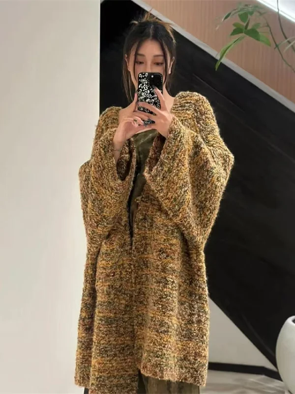 

Весенняя новинка: Женский вязаный кардиган-жакет с длинными рукавами, V-образным вырезом, свободного кроя, универсальный, средней длины, свитер-пальто