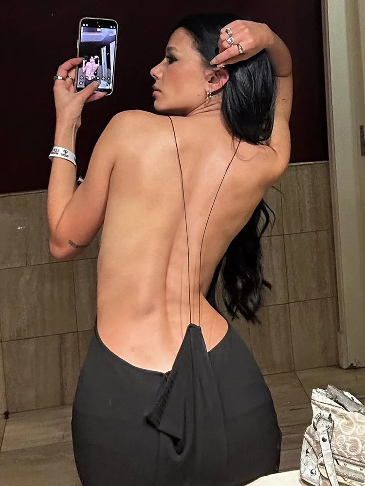 Sisterlinda Sexy Cross Backless Jurk Vrouwen Trend Metalen Kubus Mouwloze Lage Hals Coquette Midnight Party Club Stretch Vestidos