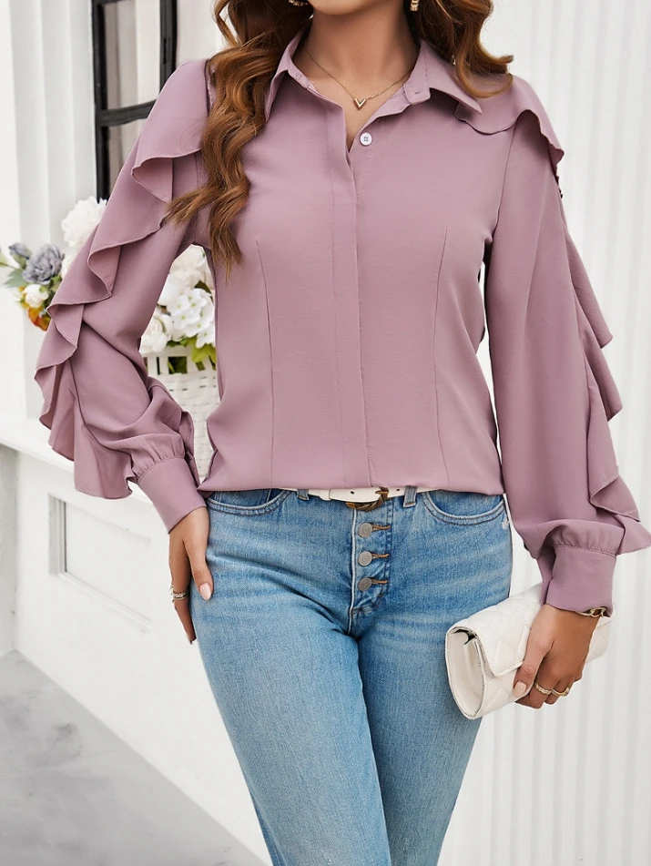 Fashion Woman Blouse 2024 Spring Ruffled Decor Casual Solid Color Turn-Down Collar Long Sleeved Button Daily Shirt Top