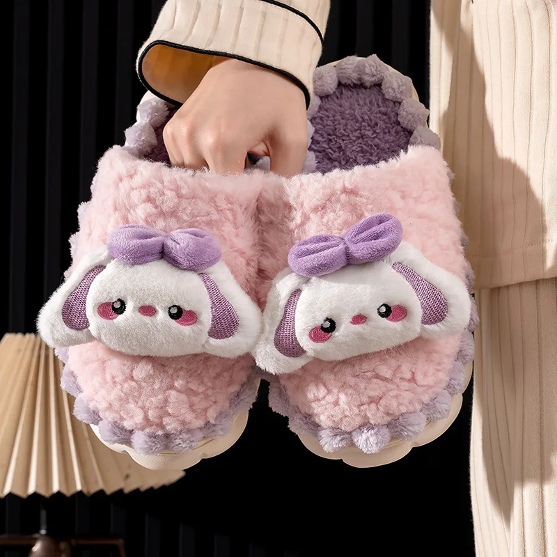 Winter Warm Fur Slippers For Kids Girls Thick-Soled Household Slippers Cute Bow Non Slip Soft Home Shoes Indoor Plush Slipper