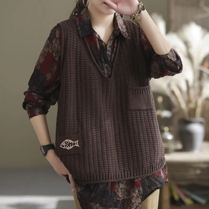 المرأة فضفاضة عادية كل مباراة المرقعة محبوك لاعبا الربيع الملابس النسائية خمر موضة الخامس الرقبة بلون سترة سترة #3