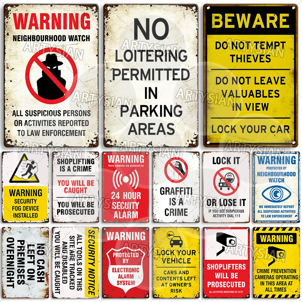 Security Warning Plaque Crime Prevention Metal Sign No Loitering Intruder Deterrent Theft Prevention Lock Your Vehicle Beware