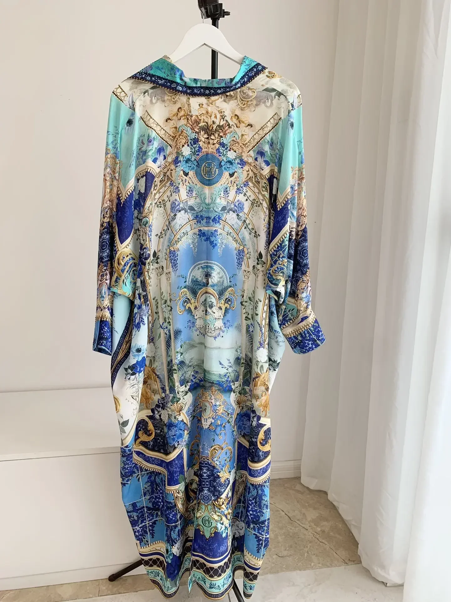

100% Silk Women Heavy Beaded Loose Long Dress Blue Print Turn-down Collar Long Sleeve Fashion Female Robe