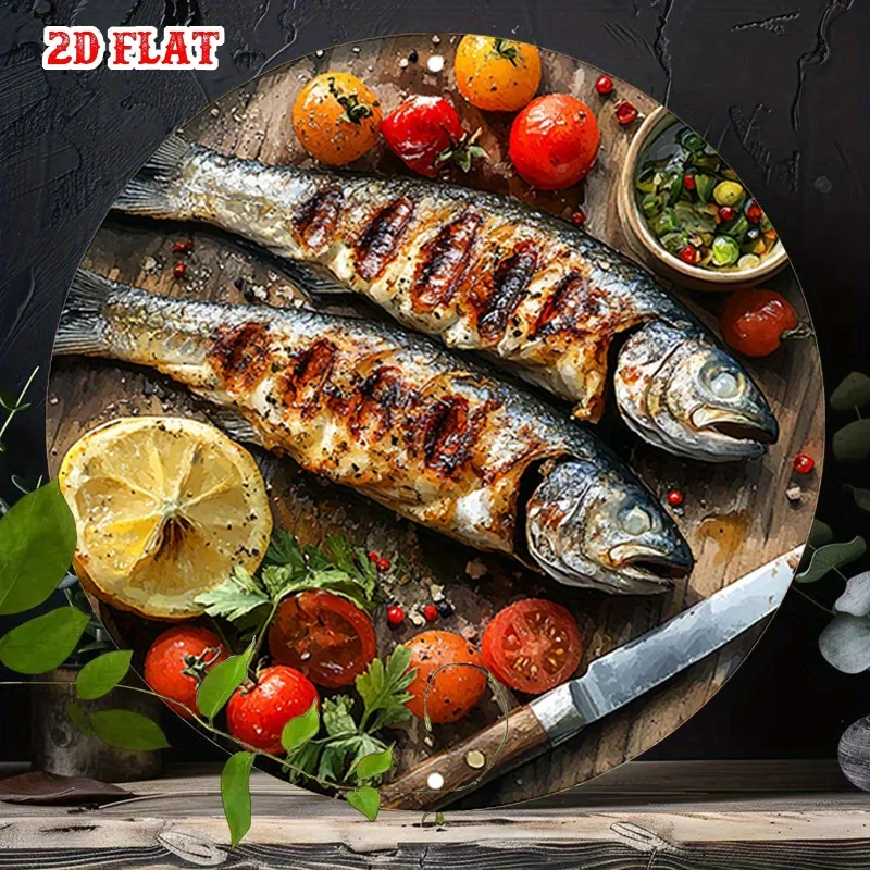 [2D Plano] 1 pieza de arte de pared metálico clásico - Letrero redondo de pescado a la parrilla, limón y tomates, póster de aluminio para cafetería, casa de playa