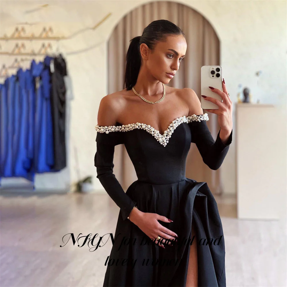 NFYN Elegant Black Prom Dresses A-Line Satin Evening Dresses Off The Shoulder Beading On Chest Night Dress Side Split Customized