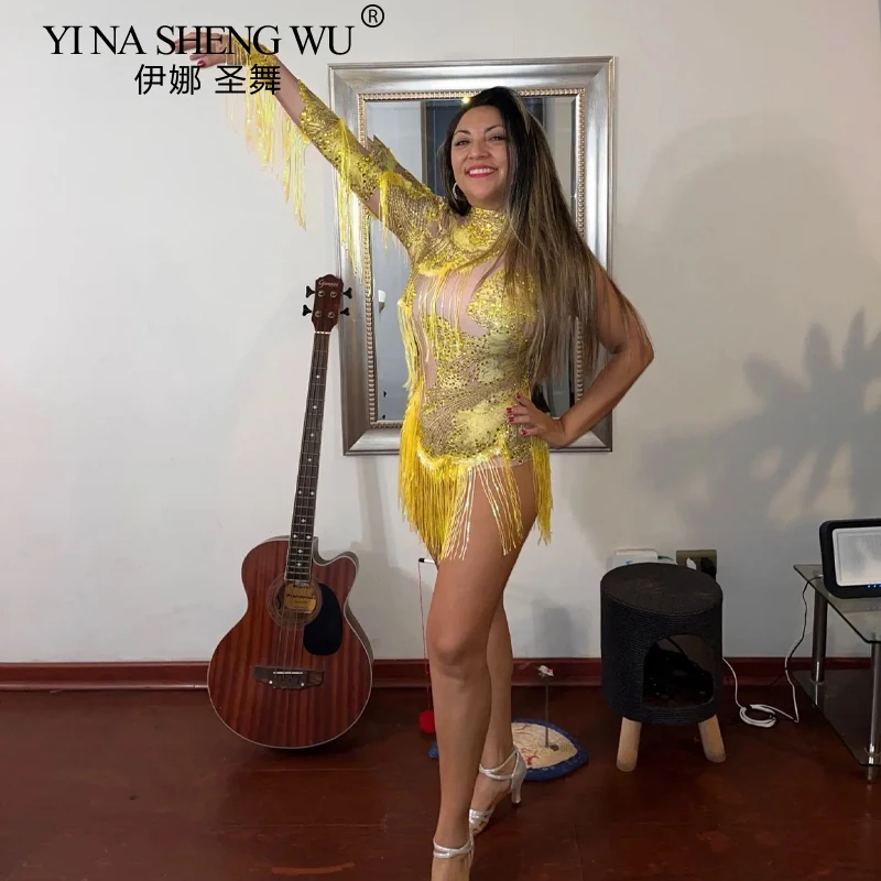 Body sexy da donna con strass blu scintillanti, costume da ballo con una spalla, abbigliamento da palcoscenico, cantante, ballerino, spettacolo con frange