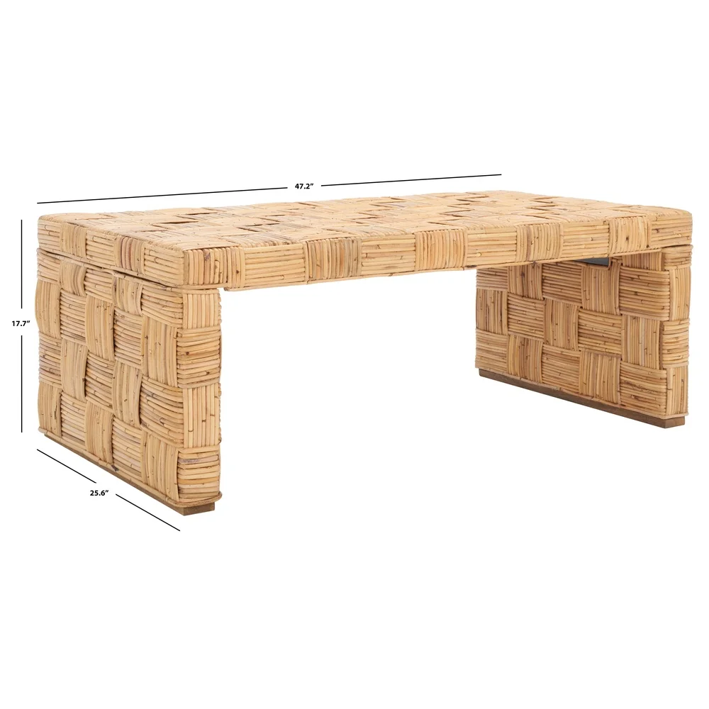 Coastal Checkered Rattan Coffee Table Honey Natural Indoor Furniture Rectangle Design No Assembly Required Home Decor