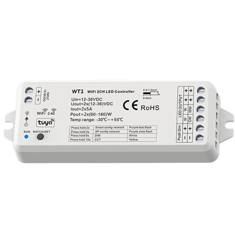 Imagem -02 - Wifi e rf Led Controller Receptor de Canais Dc1236v 2ch 5a Tuya Cct Dimmer Interruptor Usado para Controle Faixa Led de Cor Única Wt1