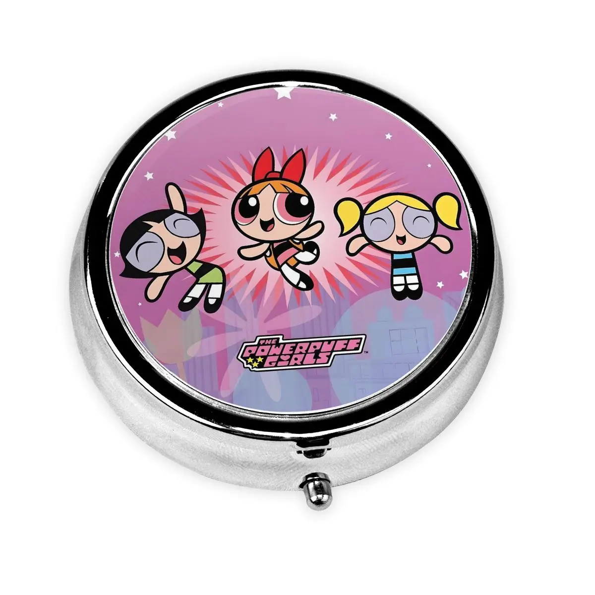 

Круглые коробки для таблеток P-PowerPuffs для девочек, диспенсер для таблеток Kawaii Caroon Movie, портативный органайзер для лекарств, коробка для хранения, контейнер