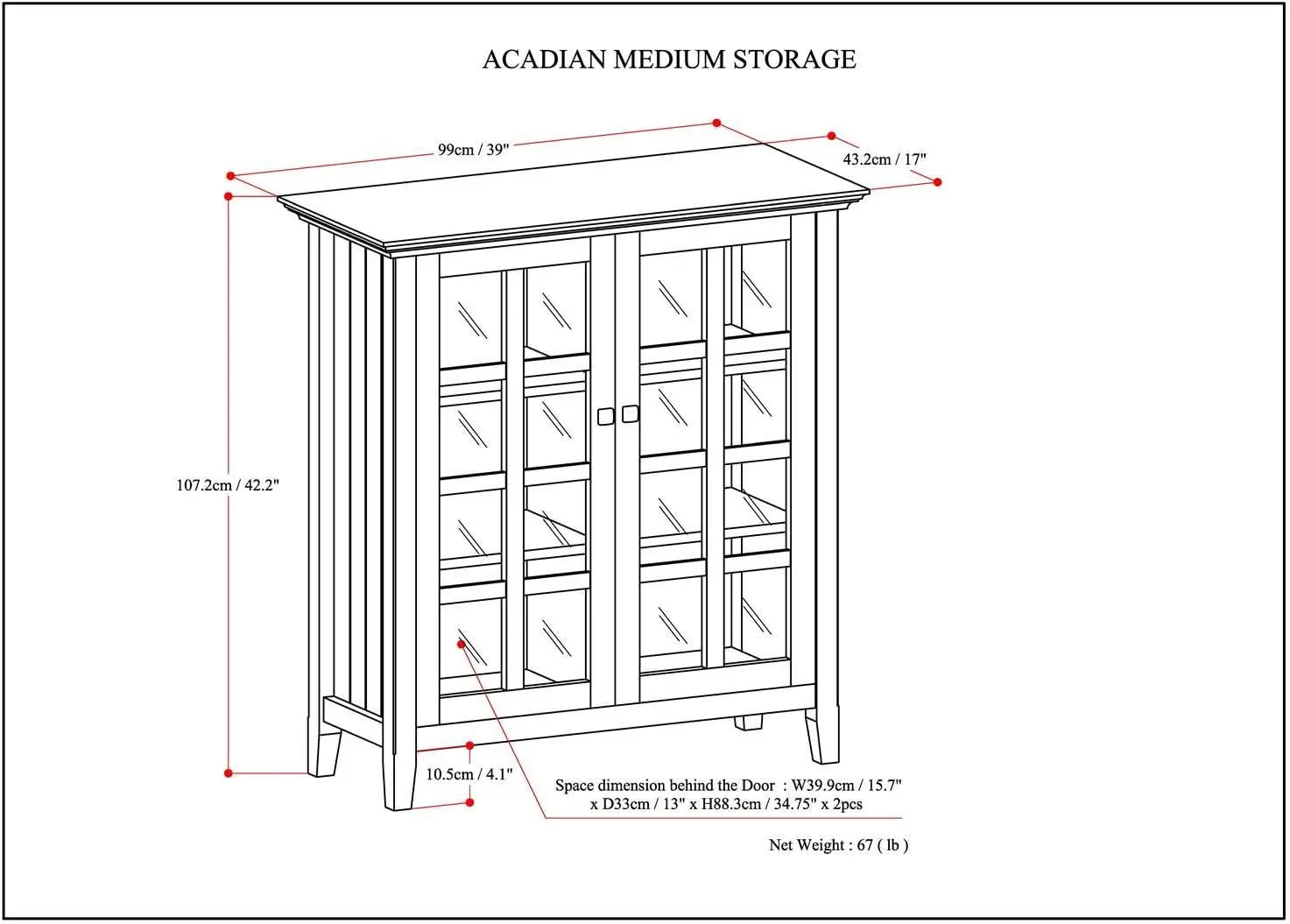 39 inch Wide Transitional Medium Storage Cabinet in Light Golden Brown, with 2 Tempered Glass Door