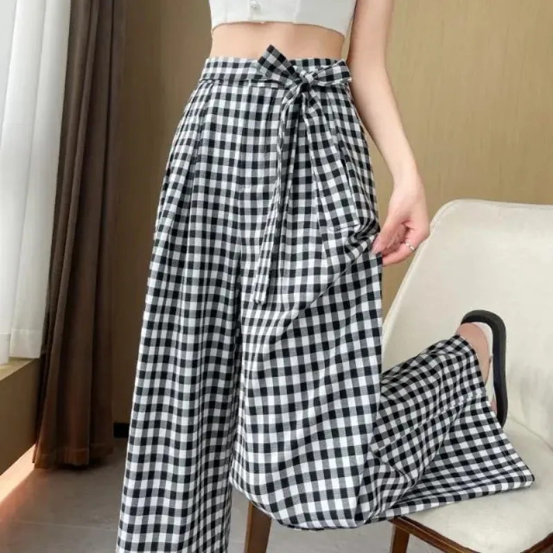 

Женские черно-белые клетчатые широкие брюки с высокой талией и поясом, повседневные брюки высокого размера