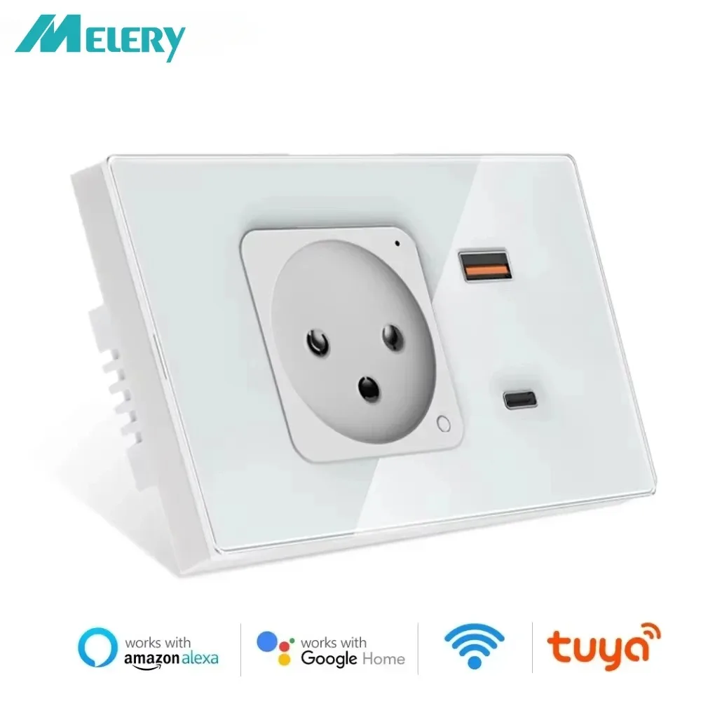 

Melery Israel Wi-Fi Tuya Настенная розетка USB Type-C PD 30 Вт Зарядка Smart Plug Розетка Стеклянная панель Пульт дистанционного управления от Alexa Google Home