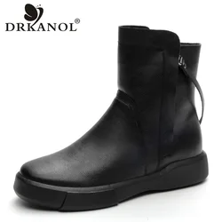 DRKANOL Autumn Winter Warm Snow Boots Women British Style Retro Zipper Round Toe Cowhide Flat Heel Soft Comfort Mid Calf Boots