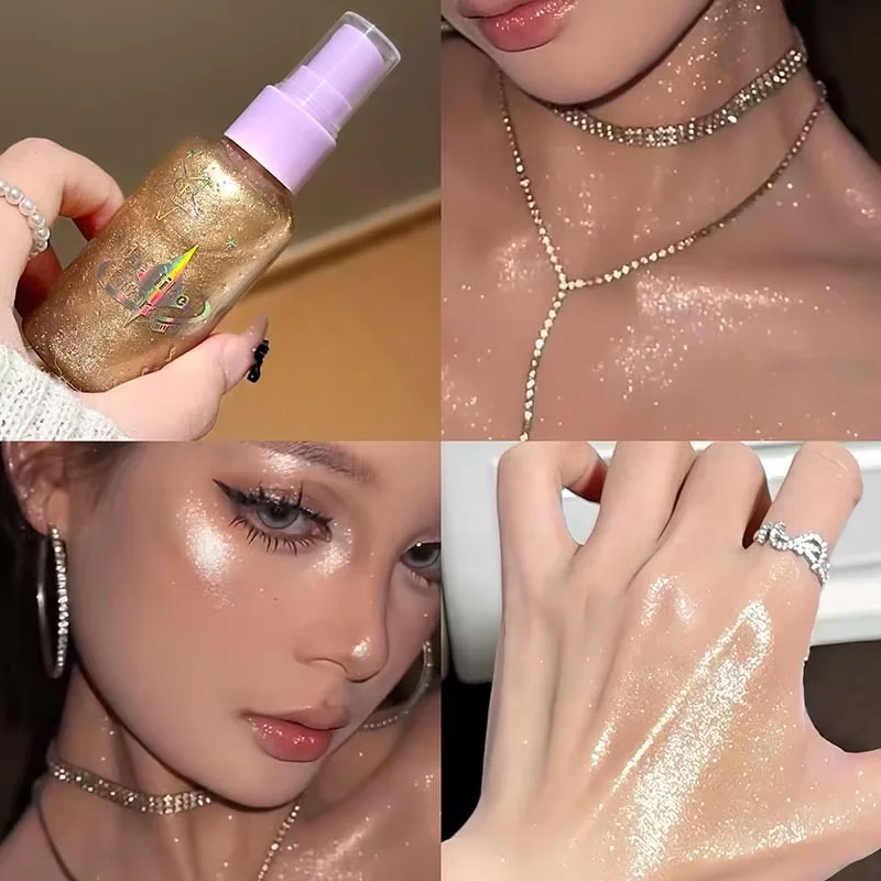 ボディグリッタースプレー、ダイヤモンドスパークルハイライターリキッド、防水長持ちシャンパンブロンザーシマー、ボディメイクアップパーティー用