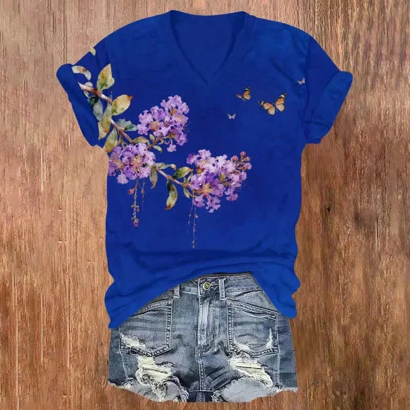 Vintage Crape Myrtle Flower Art Print V-neck T-shirt Summer Women's T Shirts view 2