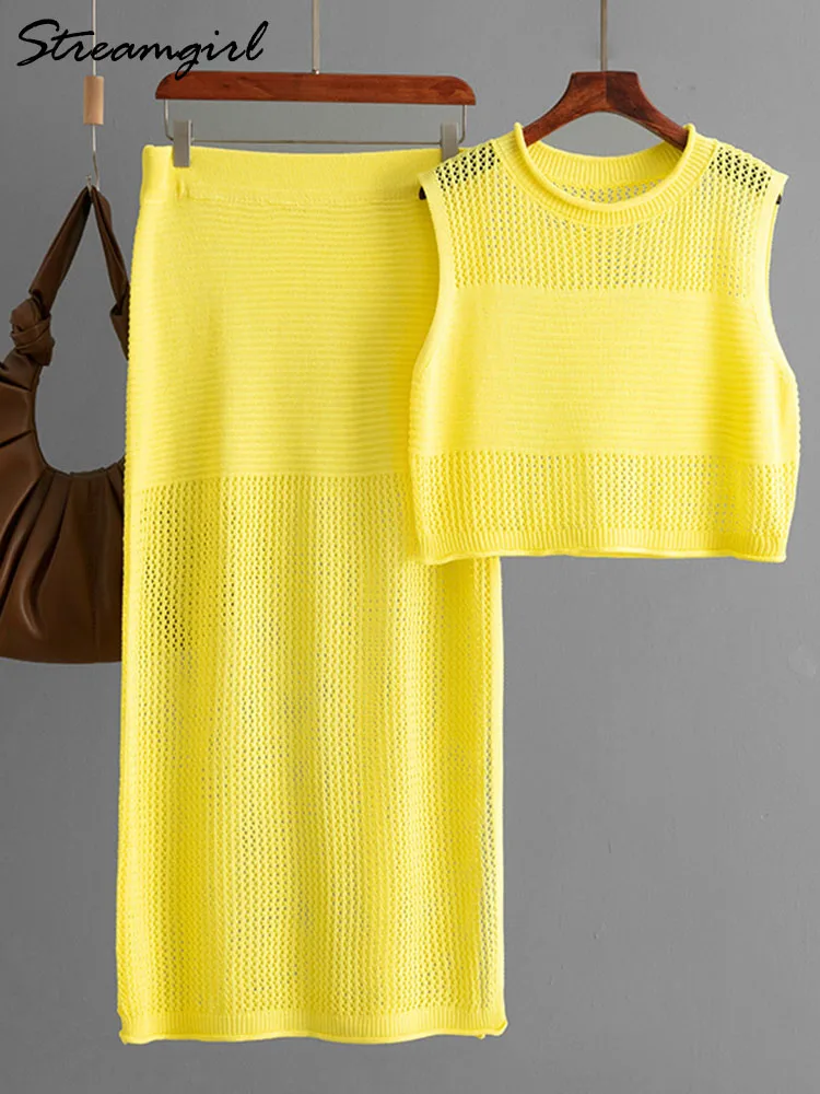 

Slim Tank Tops And Skirt Suits Women Summer Yellow Hollow Out Knitted Skirts Sets Ladies Beach Sleeveless Tops and Slit Skirts