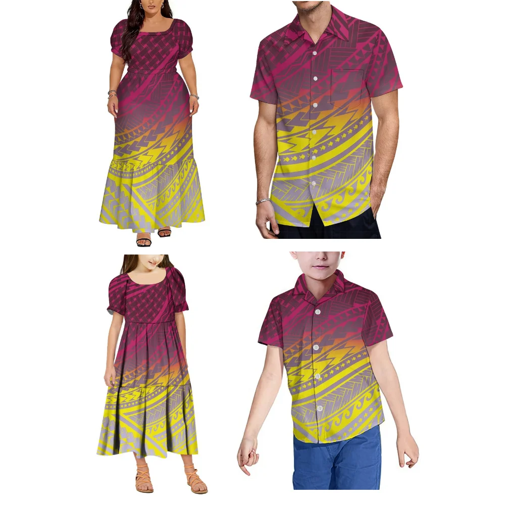 Ensemble familial ethnique personnalisé : Robe polynésienne/samoane à manches courtes et taille haute pour femme et chemise pour homme, idéal pour les occasions formelles