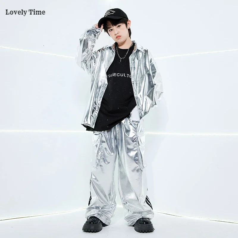 Boys Hip Hop Silver Jacket Street Dance K-pop Cargo Pants Girl PU Leather Clothes Sets Kids Children Teens Jazz Shiny Streetwear