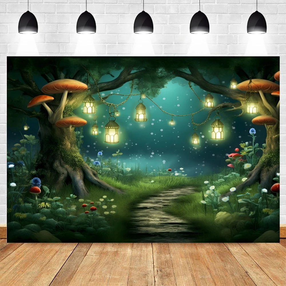 Fairy Tale Forest Photography Backdrop Wonderland Dreamy Jungle Mushroom Baby Birthday Party Decor Banner Photo Backgrounds