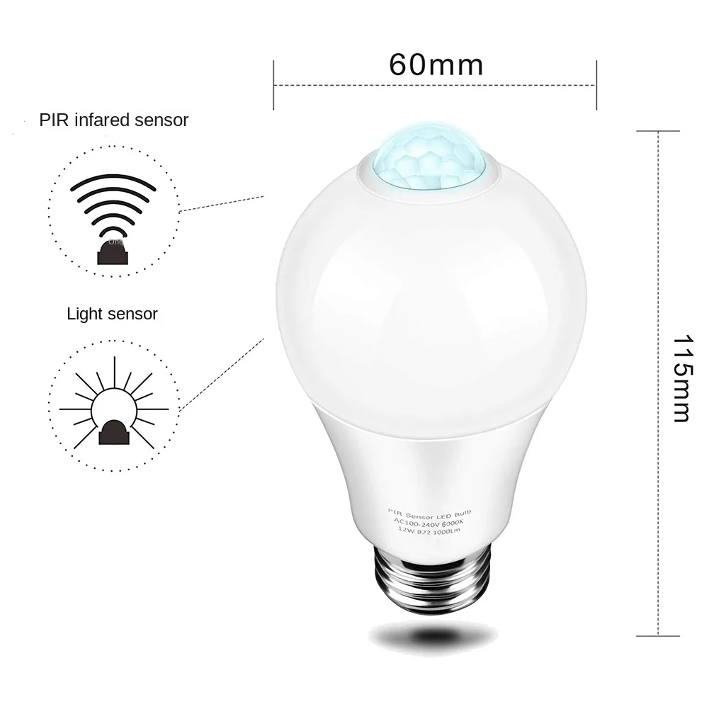 ABZV-85-265V E27 lampa z czujnikiem ruchu PIR 12W żarówka z czujnikiem ruchu detektor ruchu na podczerwień światło bezpieczeństwa ciepłe światło