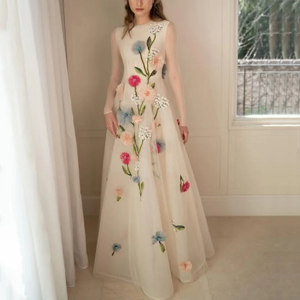 Haute qualité personnalisé 3D fleurs soirée col rond manches longues classique a-ligne longueur de plancher Tulle femmes Occasion robes formelles nouveau