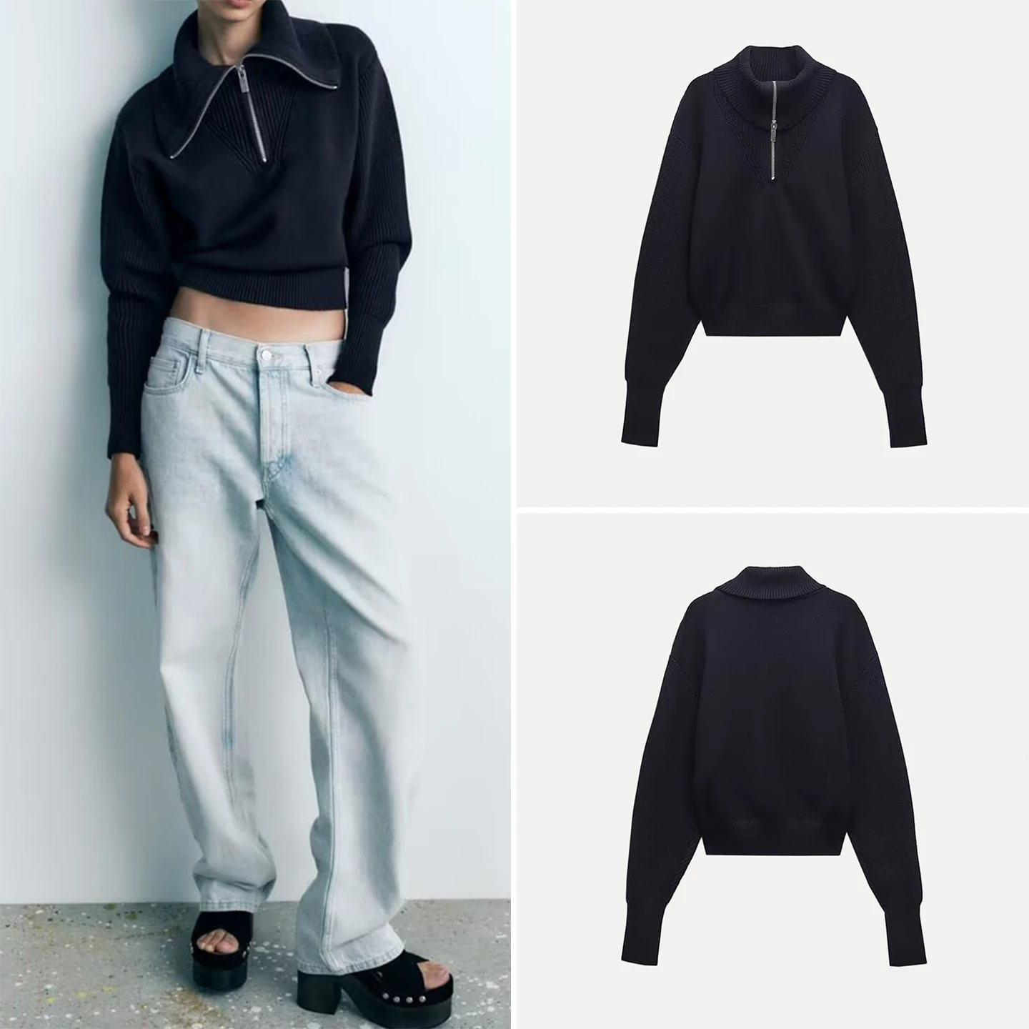 

Модный трикотаж на молнии Personali, простое зимнее новое поступление, женское длинное платье све, длина, откидной воротник, стандартный крой Za...