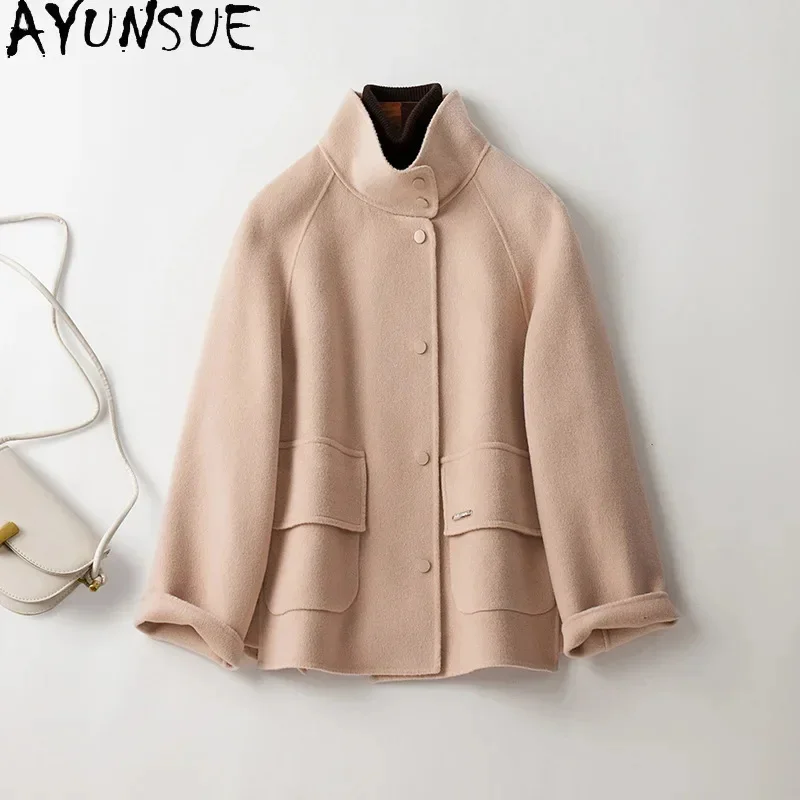 

Solid AYUNSUE Color 100% Wool Jacket for Women Autumn Winter Double-sided Coat Bat Sleeve Loose Ladies Coats and Jackets