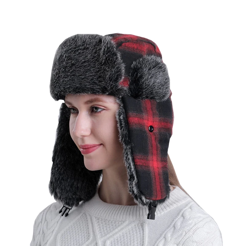 New Bomber hat Winter hat For Men Thicker Plaid Russian Ushanka Hat Snow Ski Hat Warm Trapper Earflap Hat Winter Hats for Women