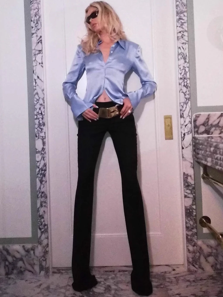 

Рубашка Elsahosk из светло-голубого атласа с длинными рукавами, драпированный качественный топ, женская модная блузка из полиэфирного волокна, укороченная, с драпировкой на ягодицах