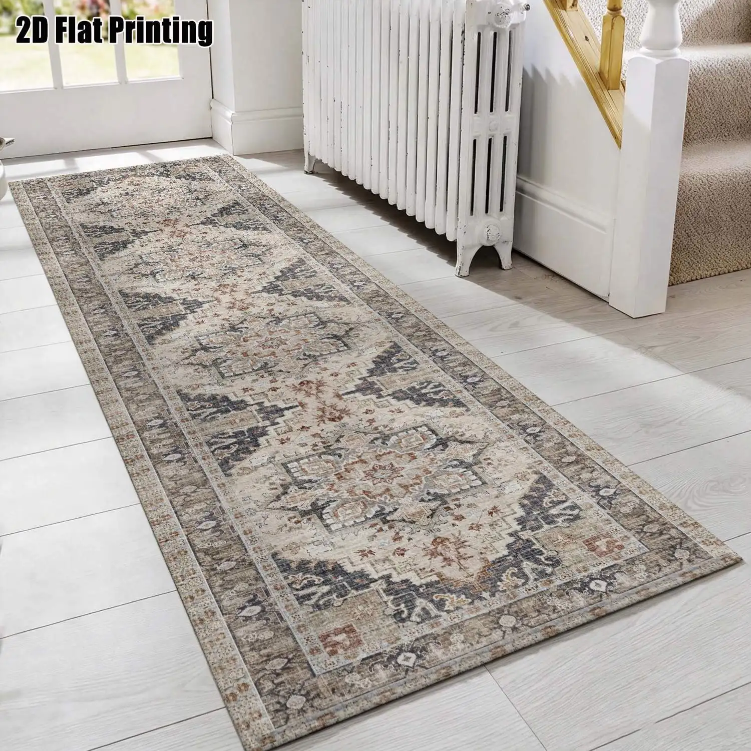 1Pc 2D Printed Retro Blue-Grey Geometric Long Strip Runner Carpet, Machine Washable, Multi-Size, Suitable for Home Decor, Corridor, Entrance, Living Room, Bedroom